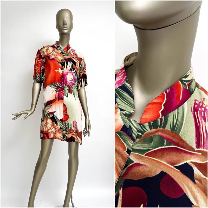 Vintage Long-Bluse Viskose Bunt Stehkragen/Crazy Pattern Hemd Hemdkleid Oversize Damen Hawaiian von TheDustyDecades
