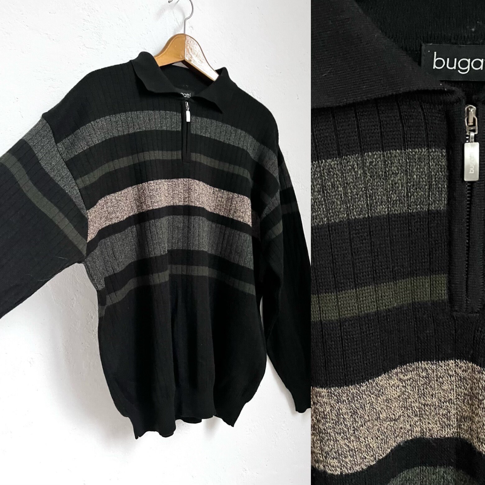 Vintage Männer Pullover Kragen Reißverschluss 1990S Pulli Schurwolle Bugatti L von TheDustyDecades