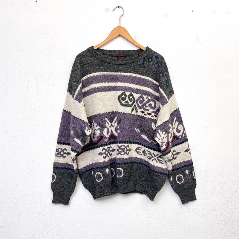 Vintage Pullover/strickpullover 80S Pulli Herren Mit Muster Grau Rundhals von TheDustyDecades