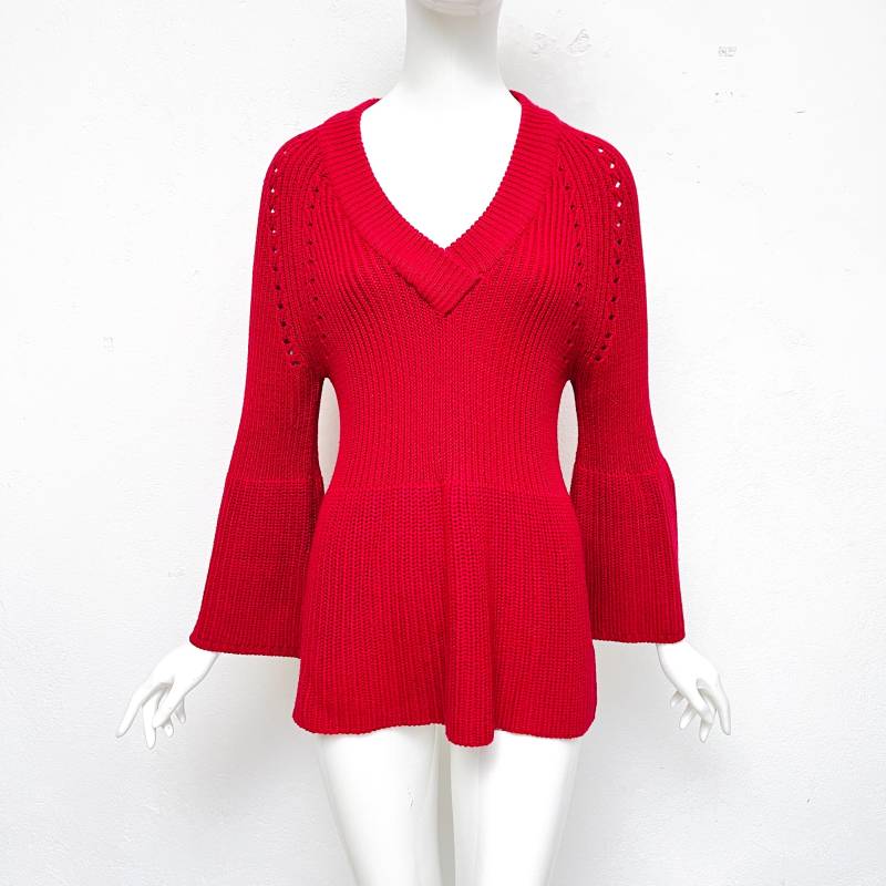 Vintage Pullover Rot Trompetenärmel V-Ausschnitt/90S Pulli Damen Taillierter Weite Ärmel von TheDustyDecades