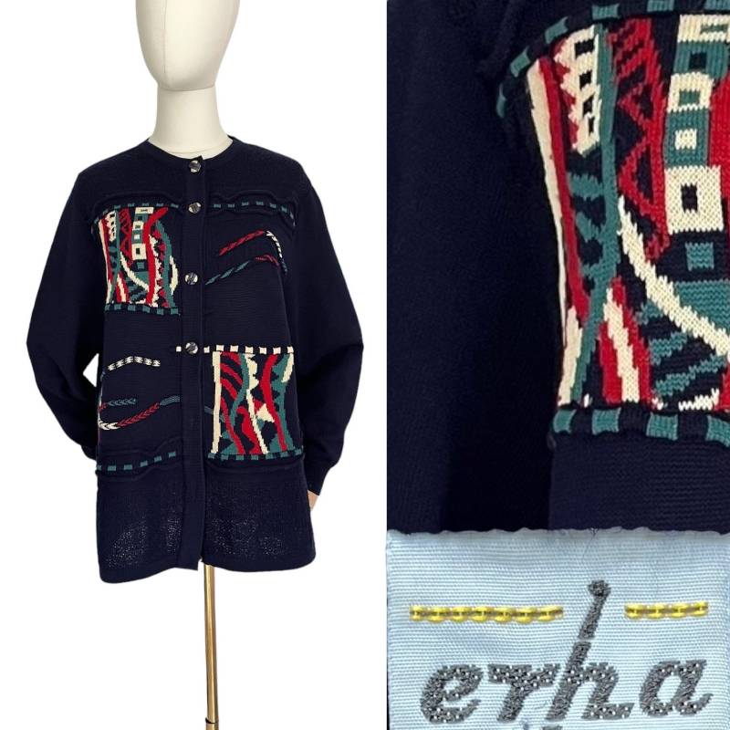 Vintage Strickjacke Dunkelblau Buntes Muster Rundhals/Damenjacke Strick Schurwolle 1970Er Cardigan Damen Crazy Pattern von TheDustyDecades