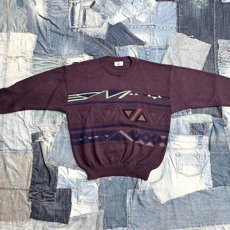 Vintage Strickpullover Aubergine Applikationen Made in Italy 80S Männer Pullover Lana Wolle von TheDustyDecades