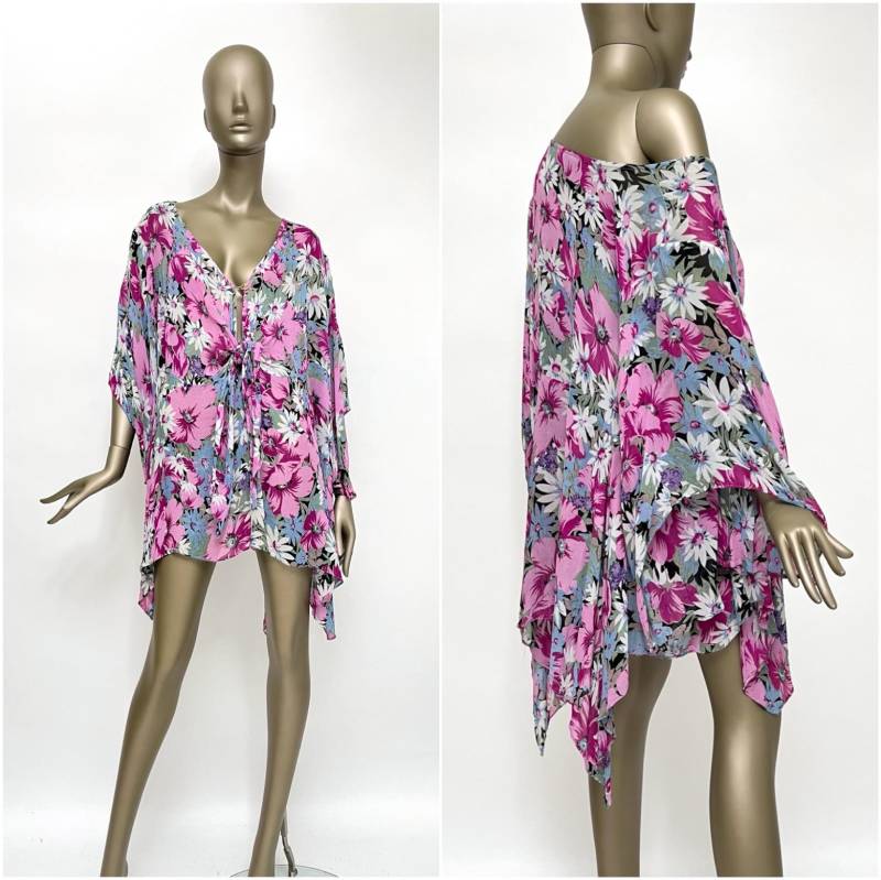 Vintage Tunika Schmetterlingsärmel Florales Muster 90S Bluse Oversize Xl Xxl von TheDustyDecades