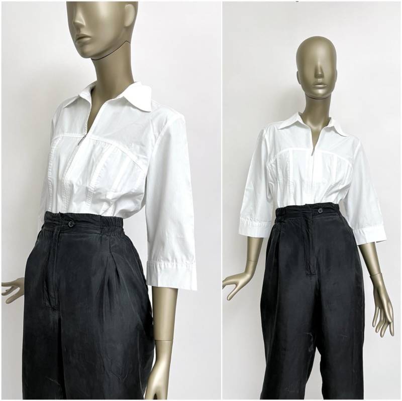 Weiße Bluse 90S Reißverschluss Vintage Hemd Damen Tailliert L Halblanger Arm von TheDustyDecades