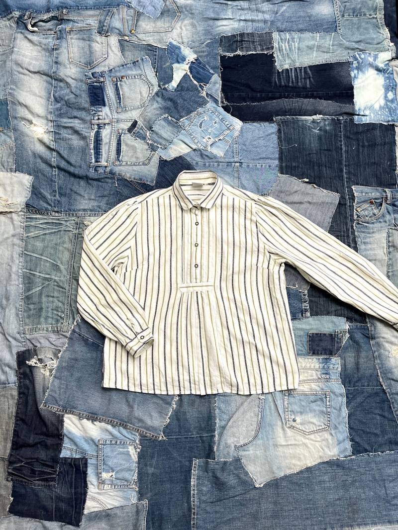 streifenbluse 1980Er Hemd Baumwolle Bubi-Kragen Vintage Bluse Gestreift Halbe Knopfleiste Boho von TheDustyDecades