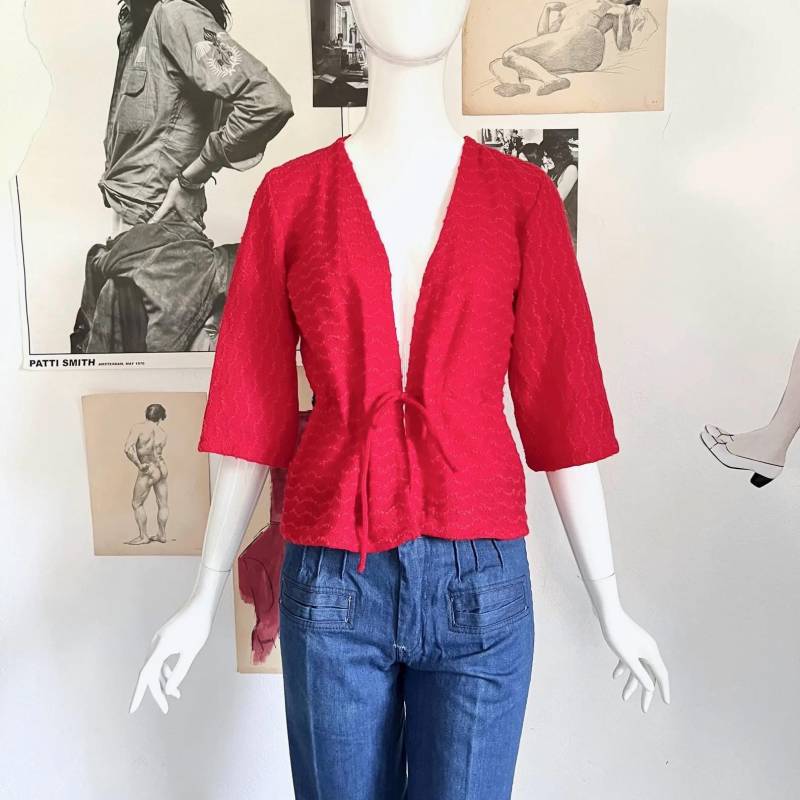 strickjacke Weite Ärmel 70Er Rot Orange/Damenjacke Vintage Cadigan Damen M von TheDustyDecades