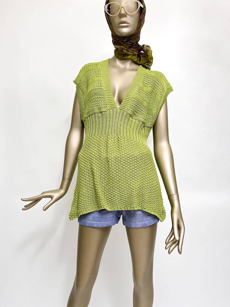 strickweste Apfelgrün Y2K Vintage Pulli Ohne Arm Long-Pullunder 2000Er Damen Oberteil von TheDustyDecades