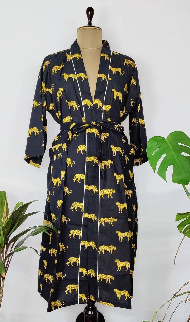 Reine Baumwolle Handprinted Haus Roben Sommer Kimono Elegant Schwarz Liebe Gelb Leopard Tier Strand Vertuschung/Bequeme Mutterschaft Mutter von TheEasternLoom