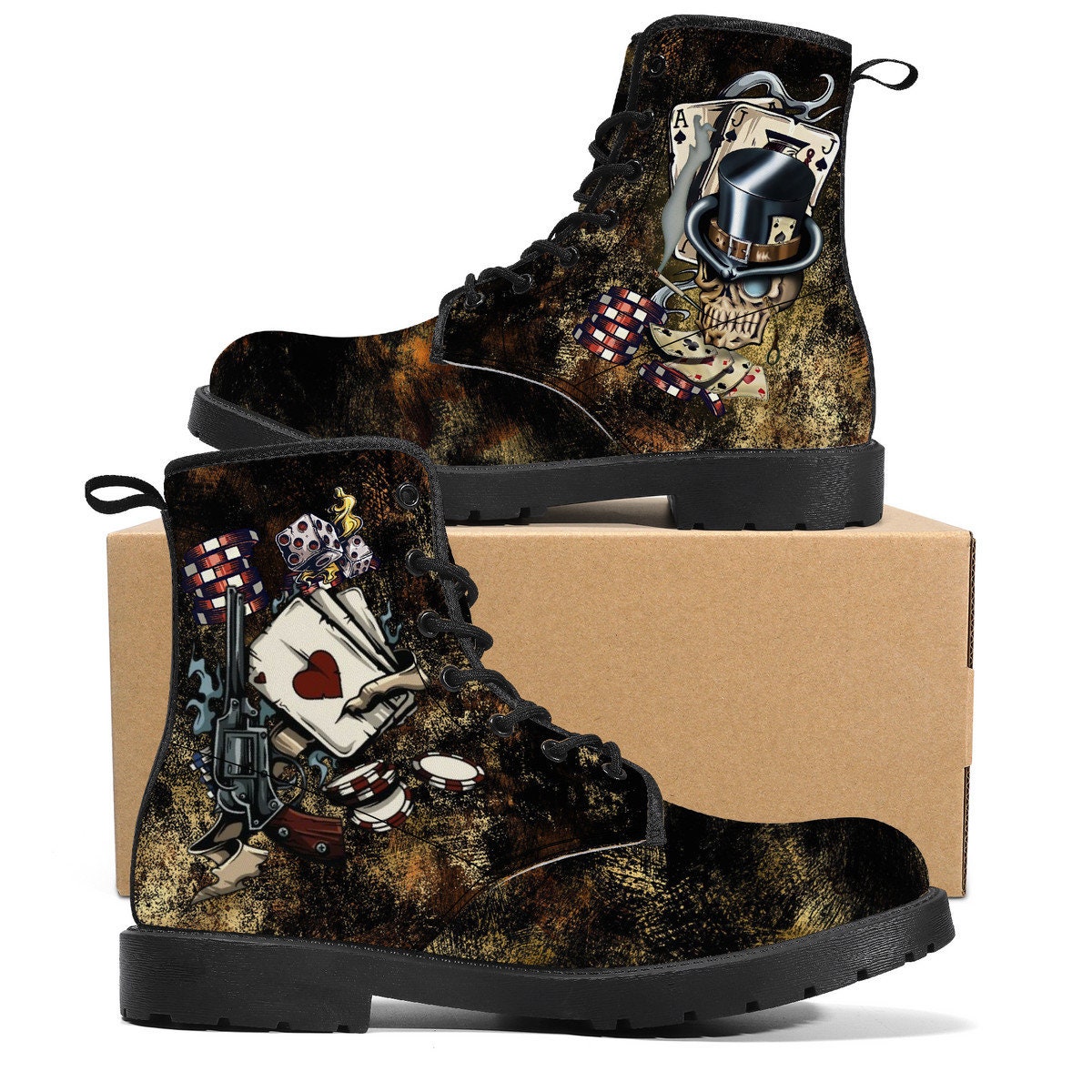 Rustikale Poker Casino Las Vegas Combat Boots Steampunk Skull Schwarz Herren Damen Uk 3 4 5 6 7 8 9 10 11 12 Geschlossen Toe Kunstleder Schuh Flach von TheElusiveRabbit