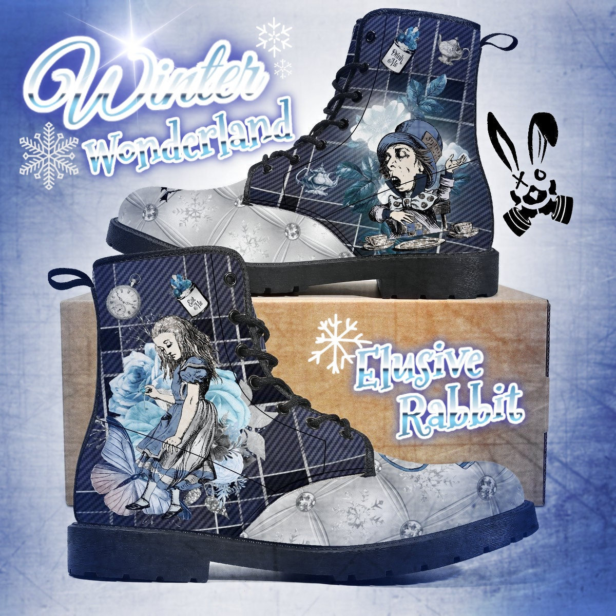 Tartan Winter Wunderland Stiefel Alice Marineblau Festliche Weihnachten 3 4 5 6 7 8 Geschlossener Schuhabsatz Kunstleder Maßanfertigung Frauen von TheElusiveRabbit