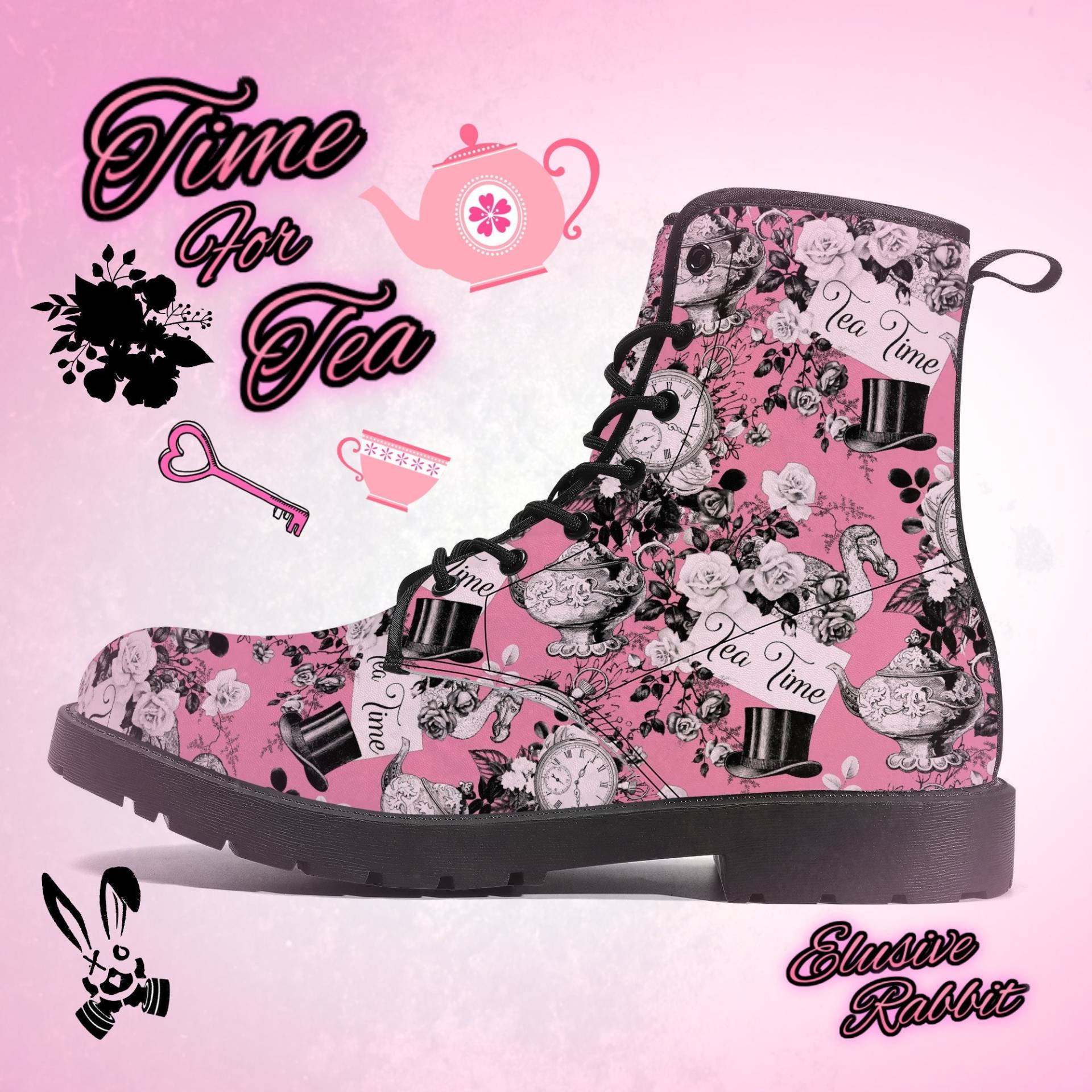 Time For Tea Pink Alice Im Wunderland Winter Stiefel Weihnachten Uk 3 4 5 6 7 8 Geschlossen Toe Kunstleder Hochzeit Schuh Absatz Custom Frauen von TheElusiveRabbit