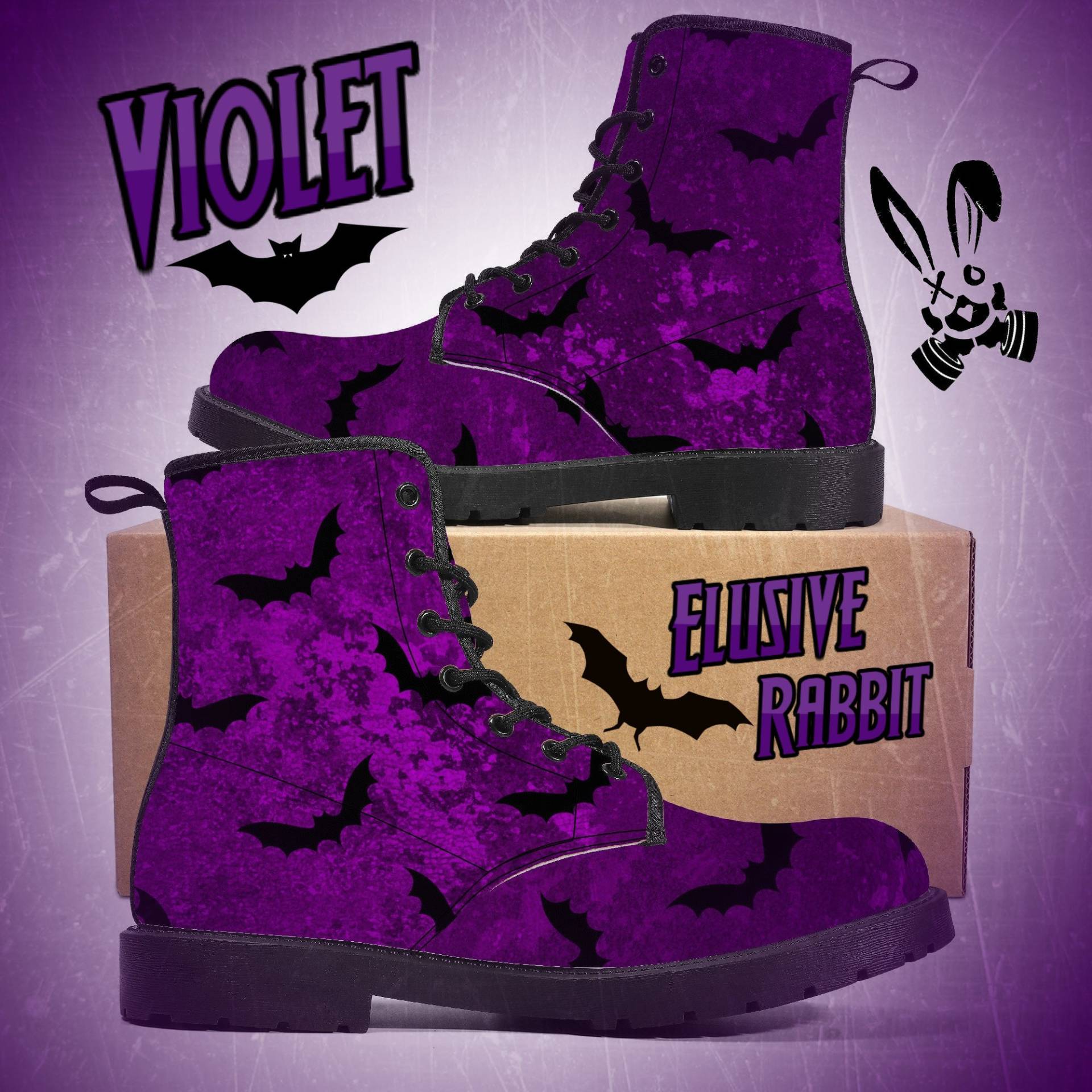 Violett Lila Schwarz Fledermaus Flügel Winterstiefel Weihnachten Uk3 4 5 6 7 8 Geschlossen Toe Kunstleder Hochzeit Schuh Flach Frauen Damast Party von TheElusiveRabbit