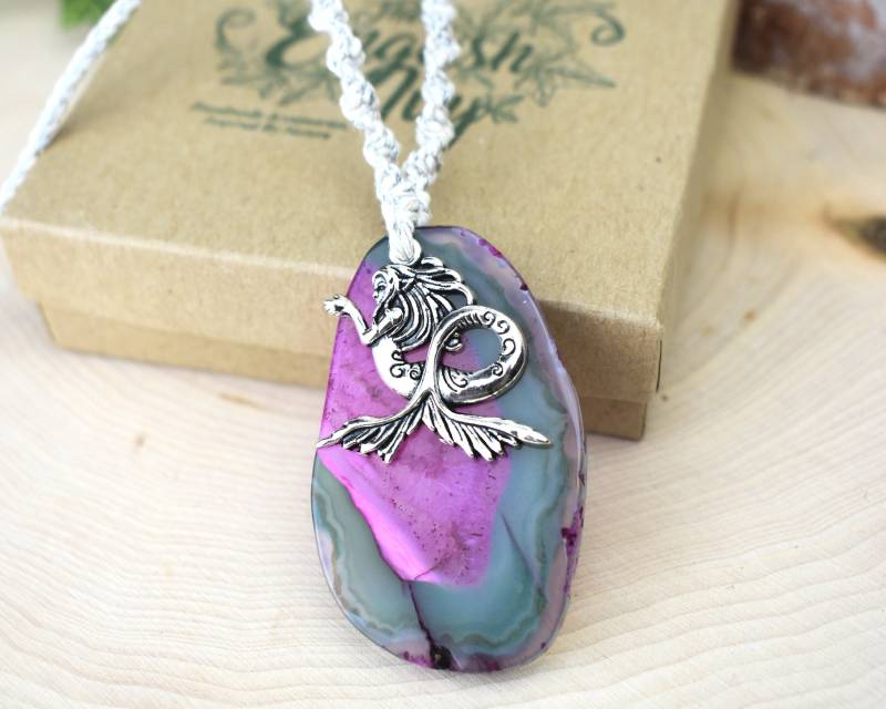 Meerjungfrau Halskette Mit Geschnittenem Achat - Silber, Rosa Und Türkis Edelstein Scheibe Anhänger, Natürliche Hanf Makramee Strand Halskette von TheEnglishIvy