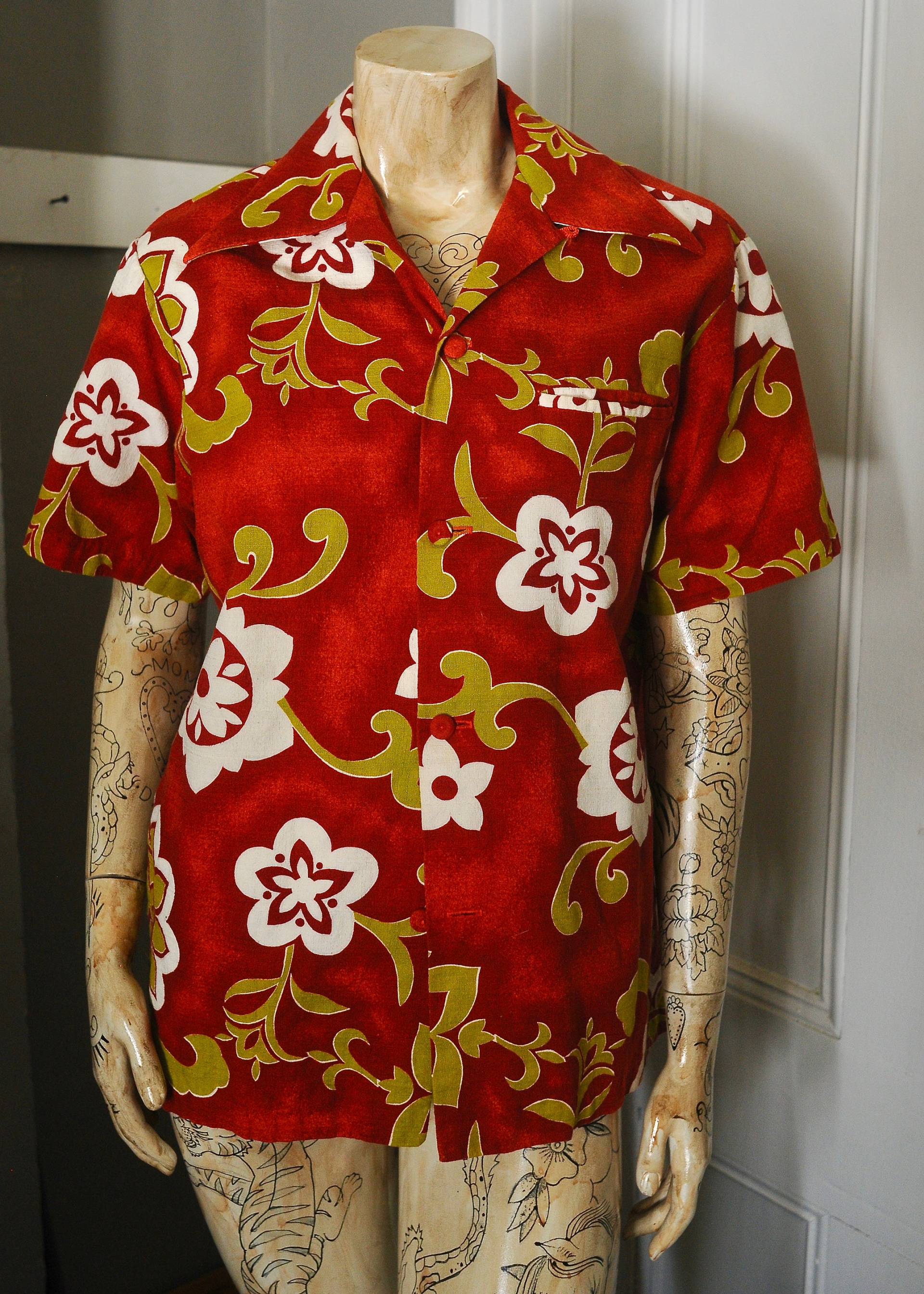 Pacific Isle Hawaii Herren Shirt Orange Rot Lindgrün von TheEnglishRoseUSA