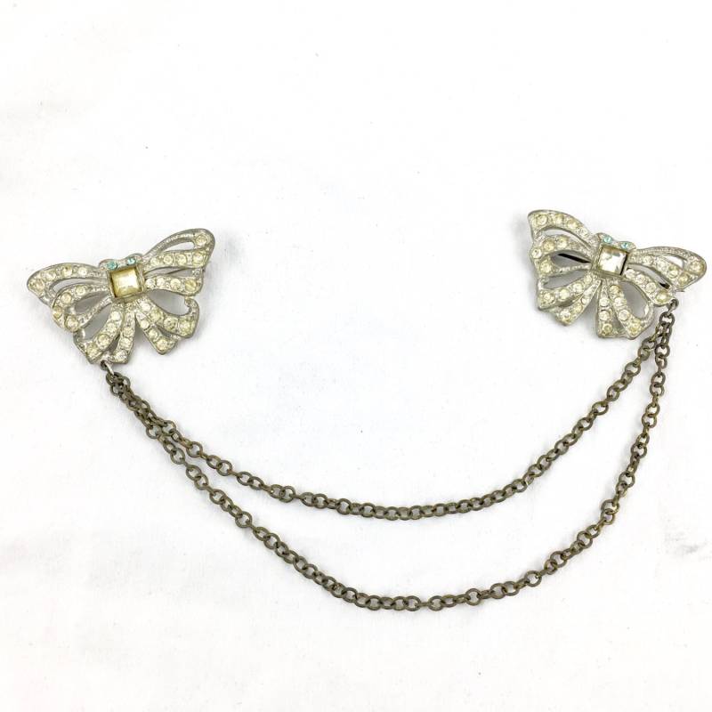 Art Deco 1920 Rhodium Topf Metall Kristall Strass Schmetterling Bogen Doppel Brosche Pullover Clip von TheFjeld