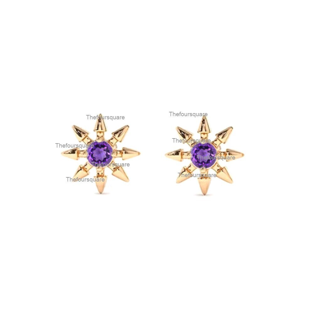 0.10 Ct Echte Amethyst Edelstein Ohrstecker/Solide 14K Gelb Gold Spike Design Zierliche Ohrringe Schmuck Für Muttertag von TheFoursquare