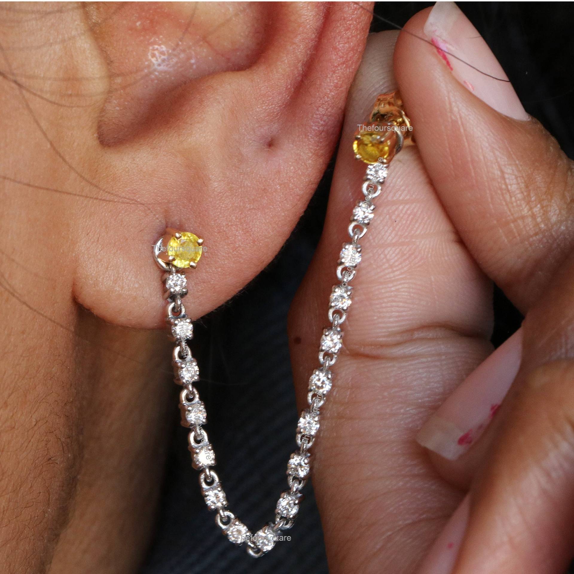 0.50Ct Natürliche Diamanten-Ohrjacke-Ohrringe/Solide 14K Weißgold-Zierliche Ohr-Jacken-Ohrringe Doppel-Ketten-Ohr-Jacken-Ohrringe von TheFoursquare