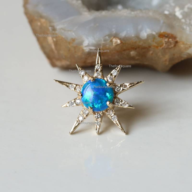 14K Gelbgold Doublette Opal Starburst Ohrstecker, Diamant Besetzte Sun Design Ohrringe, Edelstein Zierliche Spike Weihnachtsgeschenk von TheFoursquare