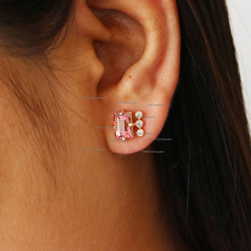 3, 10 Ct Natürliche Baguette Rosa Turmalin & Diamant Ohrstecker/14K Gelbgold 3 Bar Ohrringe Edelstein Schmuck Als Geschenk Zum Jahrestag von TheFoursquare