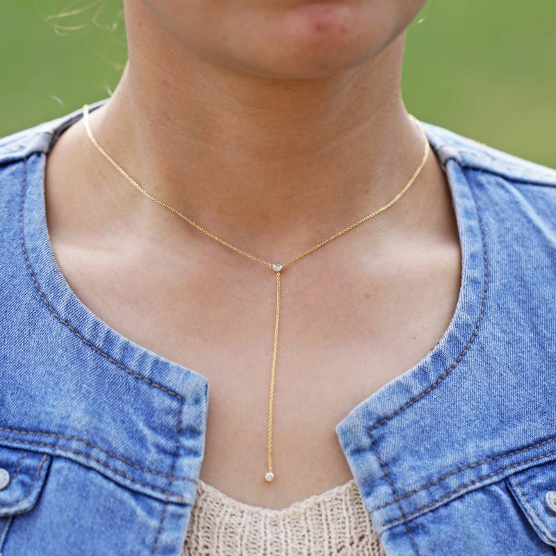 Diamant Lariat Solide 14K Gelbgold Halskette/Zarte Lünette Set Natürliche Tropfen Hochzeitsgeschenk Für Frauen Sie Handmade Fine von TheFoursquare