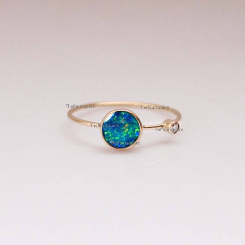 Doublette Opal Mit Diamant Cluster Ring, 14K Gelbgold Ehering, 2 Edelstein Stapelring, Geschenk Für Weihnachten Verkauf von TheFoursquare