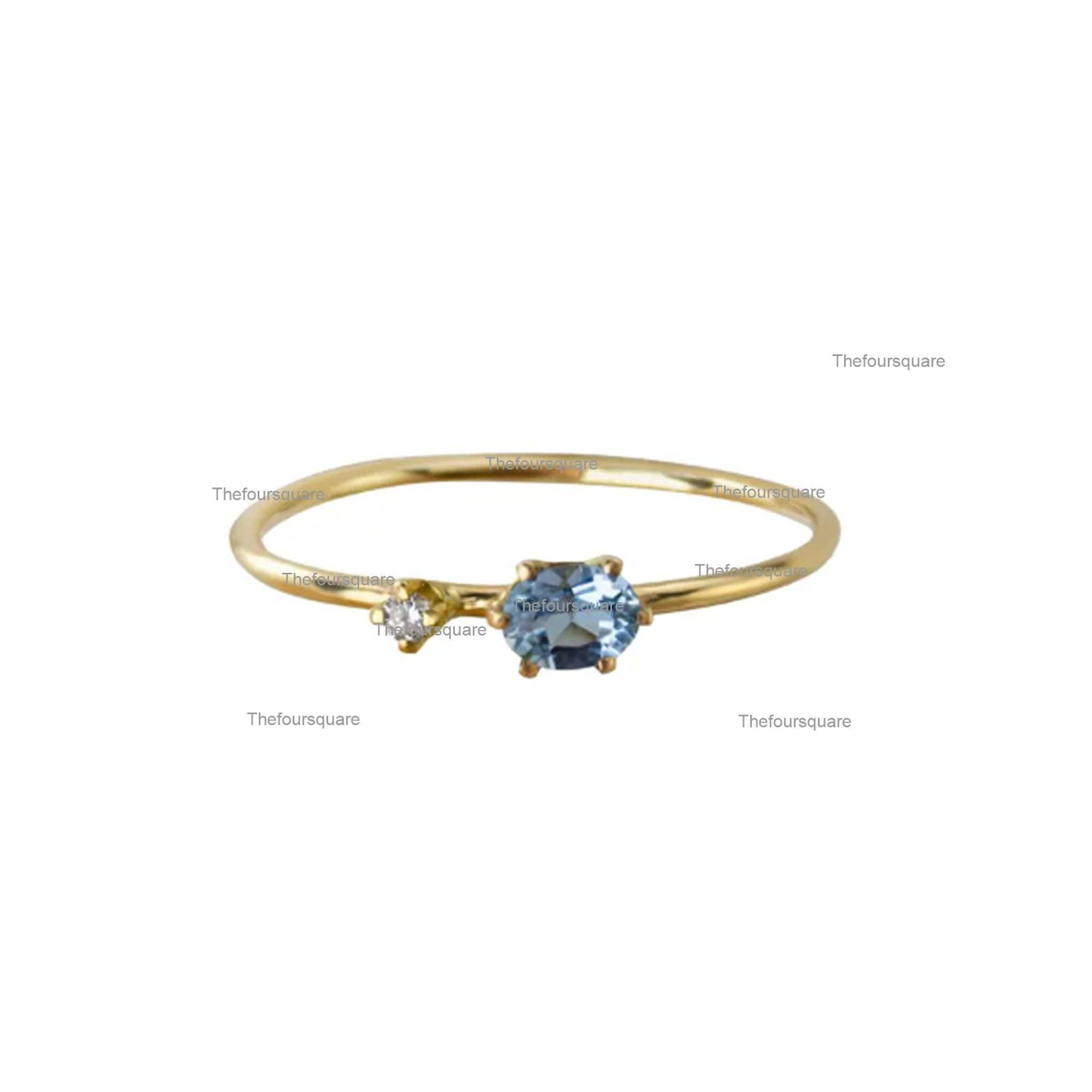 Echter Ovaler Aquamarin Edelstein & Natürlicher Diamant Ring, Massiver 14K Gelbgold 2 Stein Versprechen Jahrestag Geschenk Schmuck Us 7 von TheFoursquare