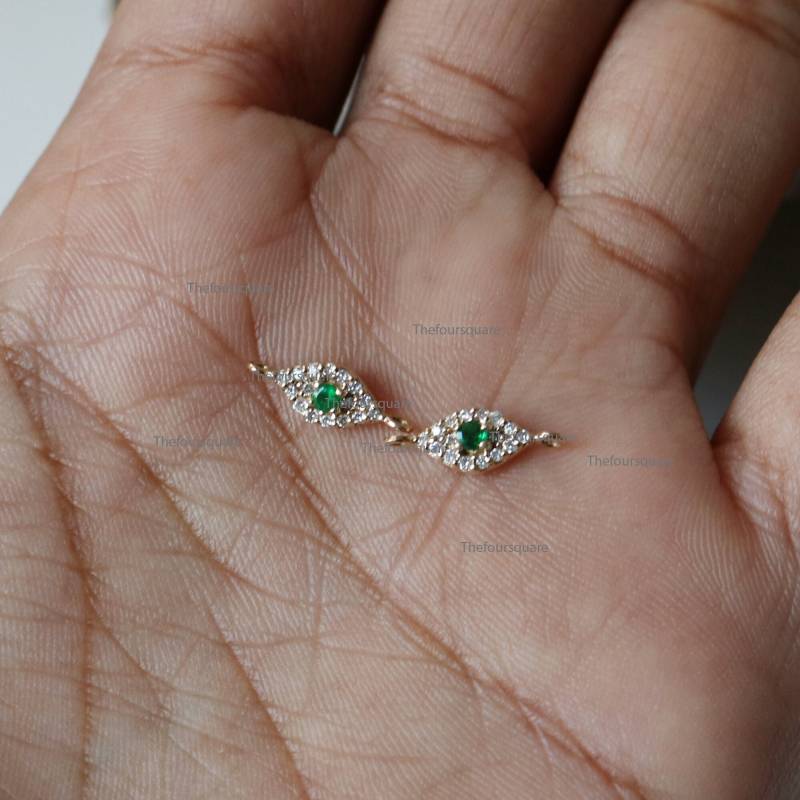 Echter Smaragd Evil Eye Charm/Solid 14K Gelbgold Schutz Naturdiamanten Halo Anhänger Sie Können Es in Ohrring, Halskette Verwenden von TheFoursquare