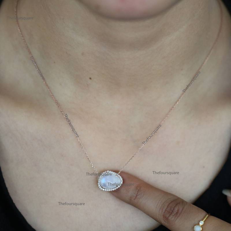 Freie Größe Regenbogen Mondstein Mit Diamant Besetzte Halskette, 14K Rose Gold Hochzeit Zarte Weihnachtsgeschenk Schmuck von TheFoursquare