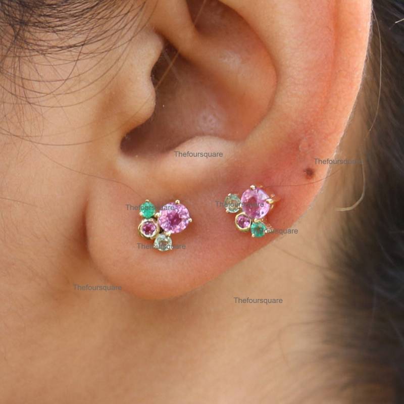 Grüner Und Rosa Saphir Mit Smaragd Cluster Ohrstecker, 14K Solid Gold Edelstein Jubiläum Geschenk Schmuck Für Frauen von TheFoursquare