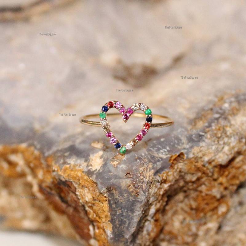 Herz Regenbogen Ring in 14K Gelbgold Diamant Pave Zierlicher Ring/Liebe Jahrestag Geschenk Schmuck/Weihnachten Auf Verkauf/Handgefertigter Feiner von TheFoursquare