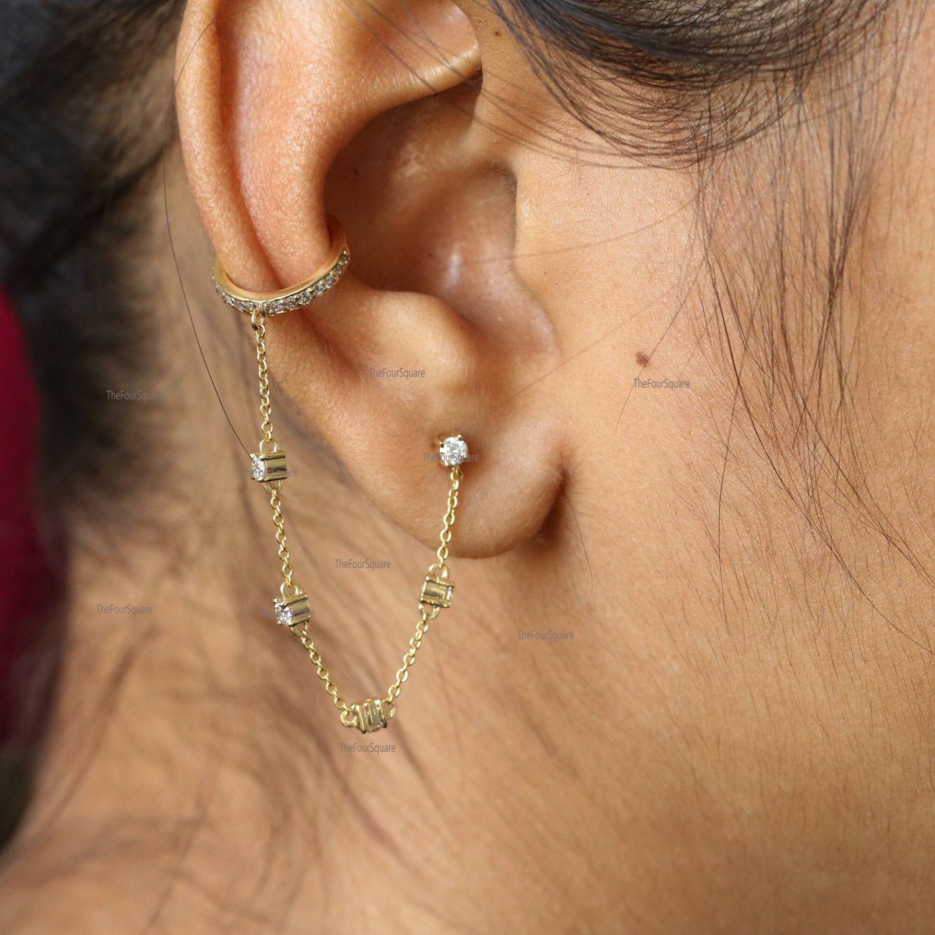 Natürlich Si Klarheit G-H Farbe Diamant Besetzt in 14K Gelb Gold Ear Cuffs, Diamanten Kette Ohrringe Schmuck Für Frauentag/Muttertag von TheFoursquare