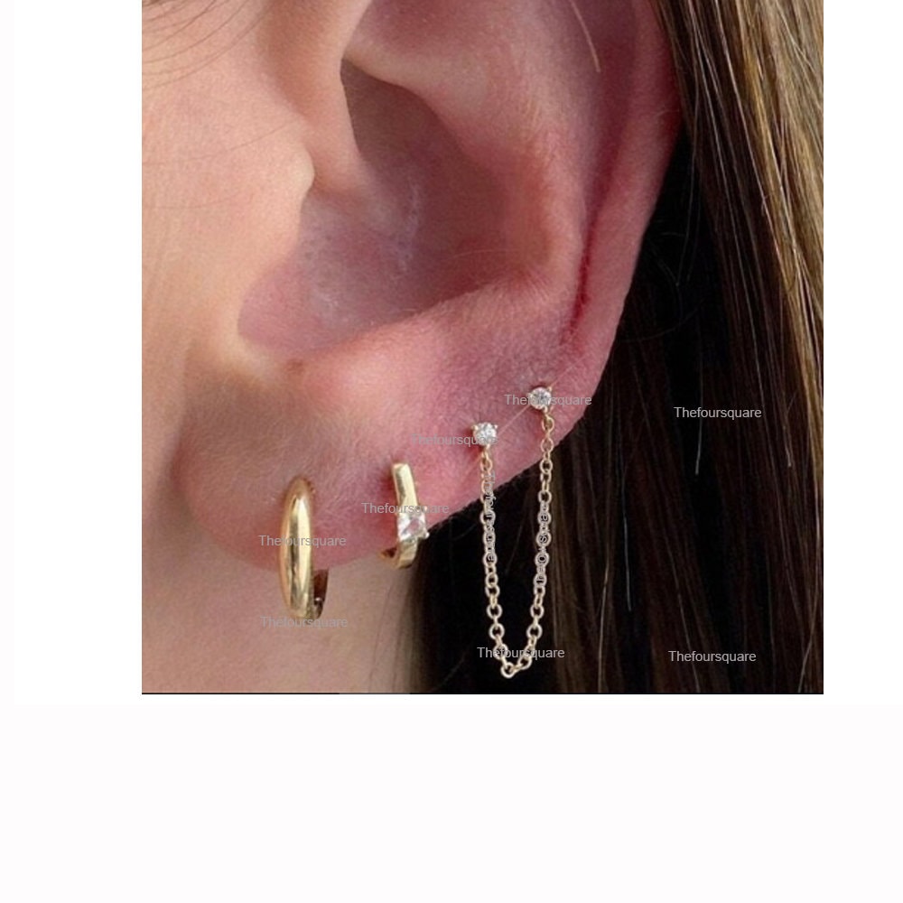 Natürliche Diamanten Kettenohrringe/Massive 14K Gelbgold Helix Conch Tragus & Ohrläppchen Ohrringe Geschenk Für Sie Handgefertigter Feinschmuck von TheFoursquare