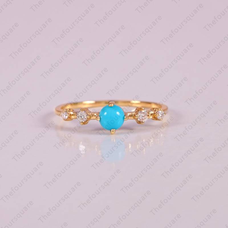 Natürlicher Türkis Und Abschluss Diamant Ehering 0, 09Ct Prong Set 14K Gelbgold Ring, Zierlicher Geschenk Für Frau, Freundin von TheFoursquare
