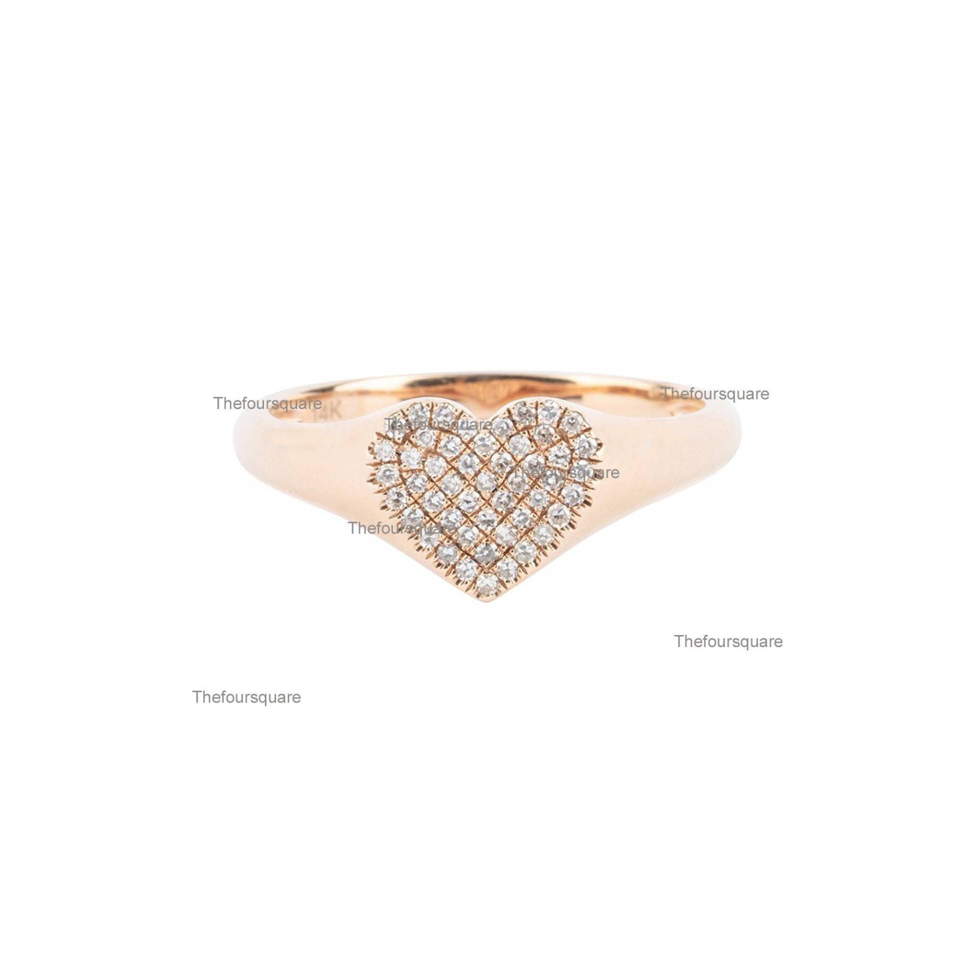 Naturdiamanten Herzring, Solide 14K Rose Gold Zierlich Siegelring, Micro Pave Diamant Ring, Geschenk Für Sie, Valentinstag von TheFoursquare