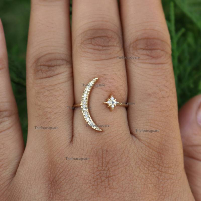 Offene Manschette Starburst Ring, Zierlich Für Frauen, 14K Gelbgold Diamant Verzierte Feiner Schmuck Frauen von TheFoursquare