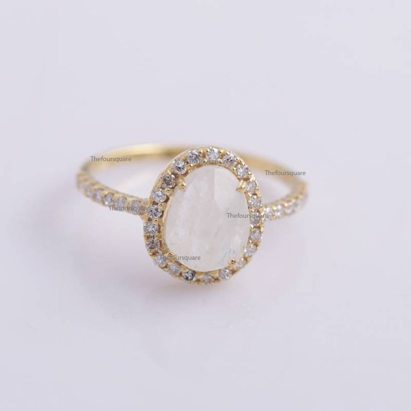 Regenbogen Free Size Mondstein Ring, 14K Rose Gold Diamant Pave Ehering Cocktailring, Feiner Schmuck von TheFoursquare