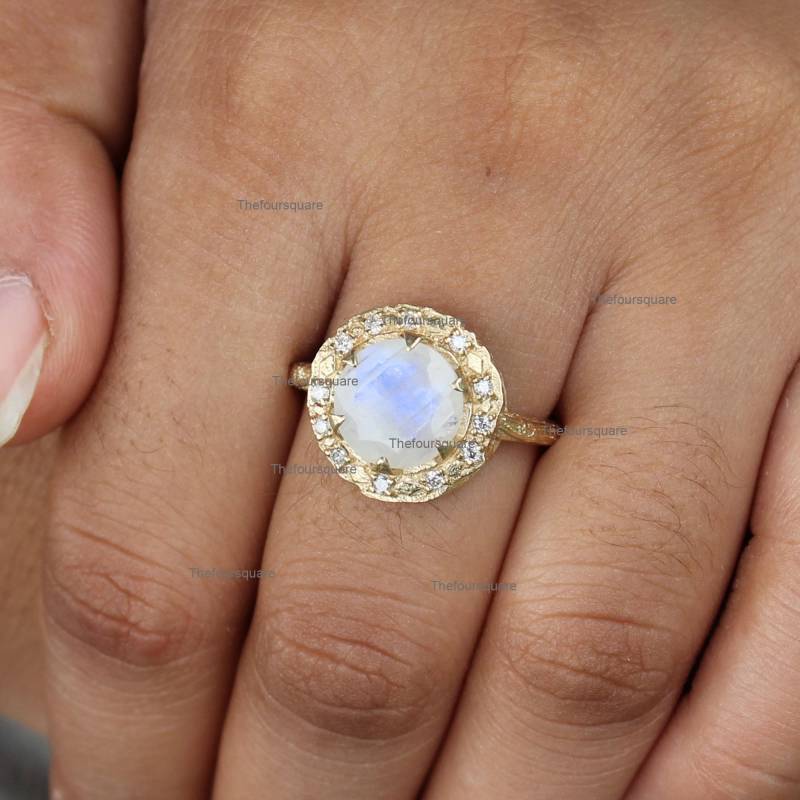Regenbogen Mondstein & Diamant 14K Rose Gold Ring, Natürliche Si Ehering, Hochzeitsschmuck, Weihnachten Im Angebot, Handmade Fine von TheFoursquare