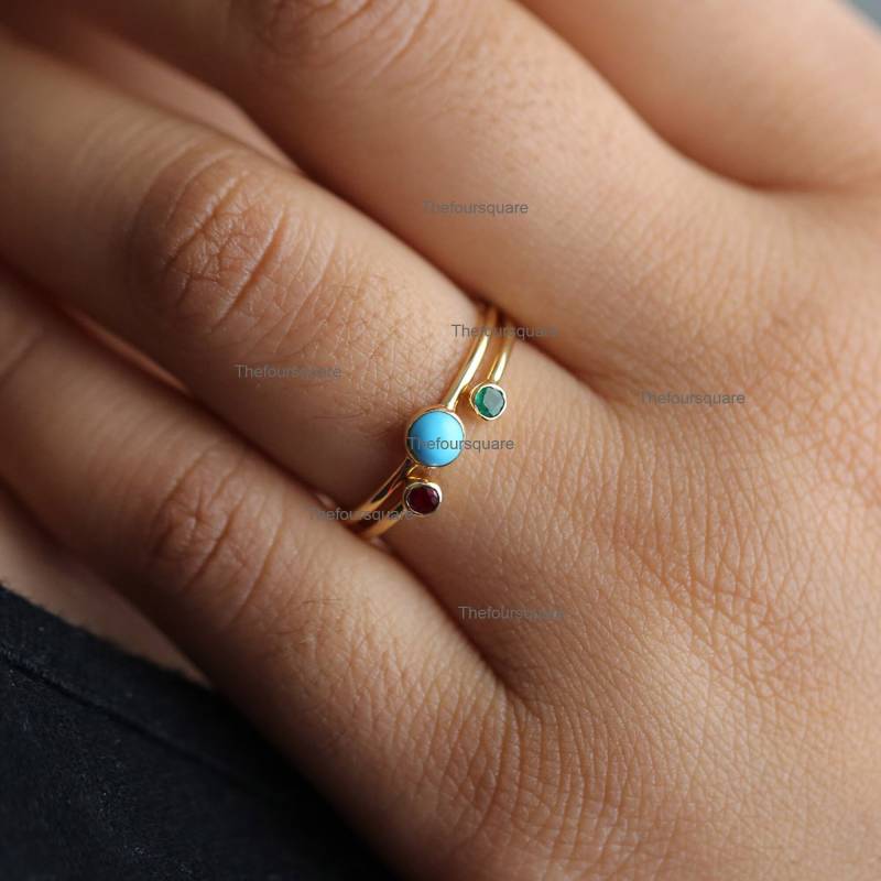 Rubin Und Smaragd Edelstein 14K Offener Manschettenring, Einzelnes Türkis Stapelbares Ringset, Solide Zierliche Gelbgoldringe Feiner Schmuck von TheFoursquare