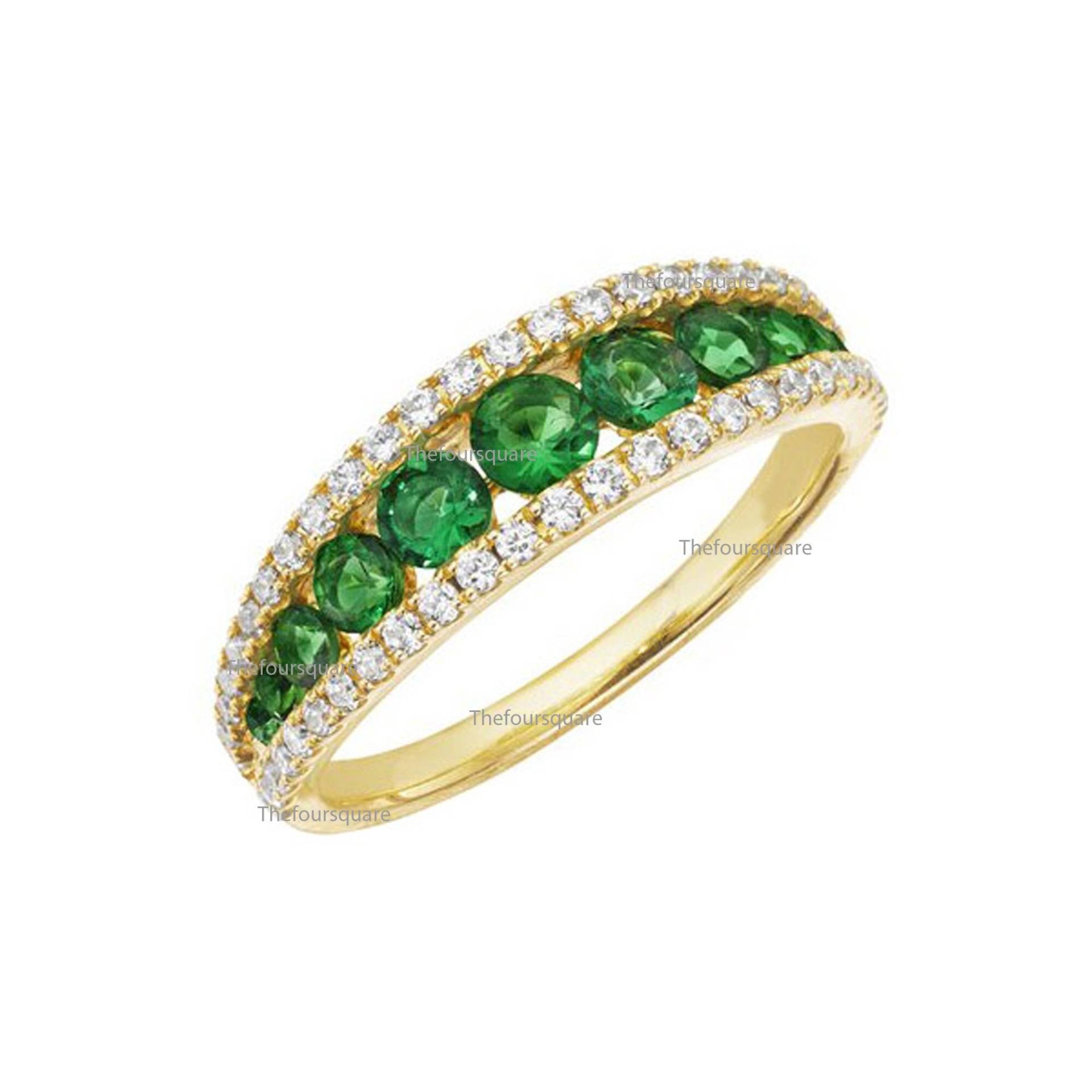 Solider 14K Gelbgold Zierlicher Ehering, Echter Smaragd Mit Natürlichen Diamanten Abschlussring Geschenk Für Ihren Schmuck von TheFoursquare