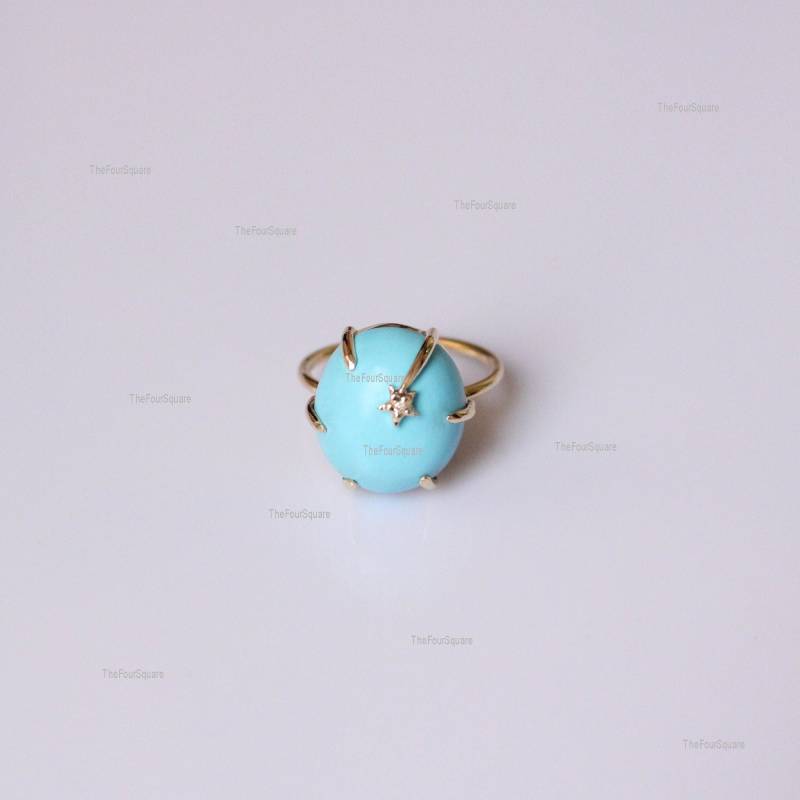 Türkis Edelstein Mit Diamant Stern Motiv Ring, 14K Gelbgold Kuppel Weihnachtsgeschenk Schmuck Im Verkauf, Handgemachter Feiner Schmuck von TheFoursquare