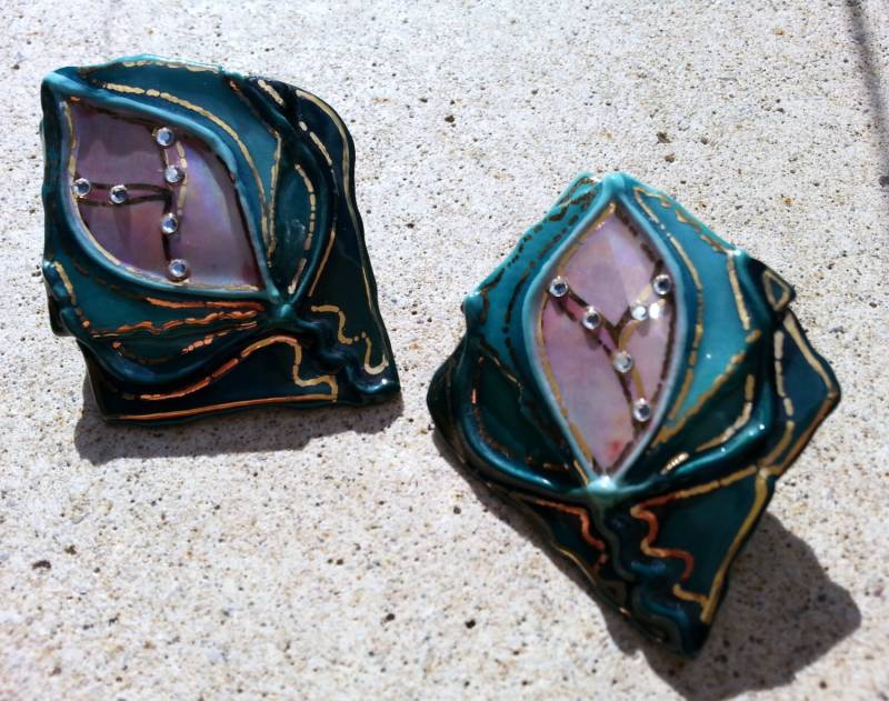 Aqua Grün & Rosa Porzellan Floral Große Post Ohrringe Etan Extra Quadrat Ooak Keramik Frühling Hochzeit Schmuck Trauzeugin von TheFoxandFilly