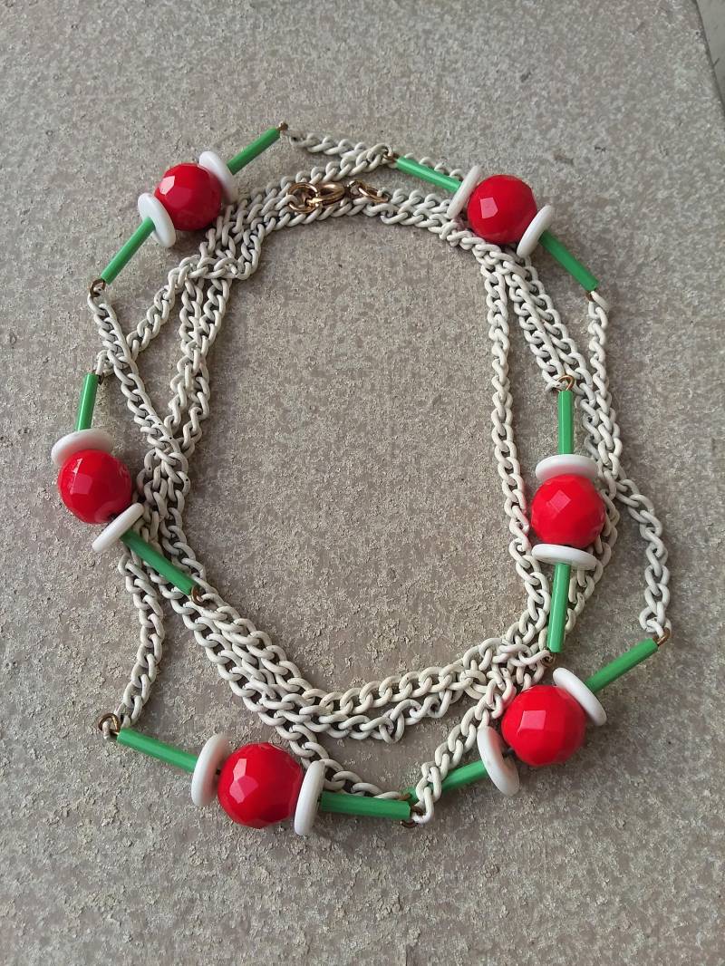 Mod 1960Er Jahre Weiß Rot Grün Bead Emaillierte Kette Halskette Retro Vintage Modernistisch Sommer Schmuck von TheFoxandFilly