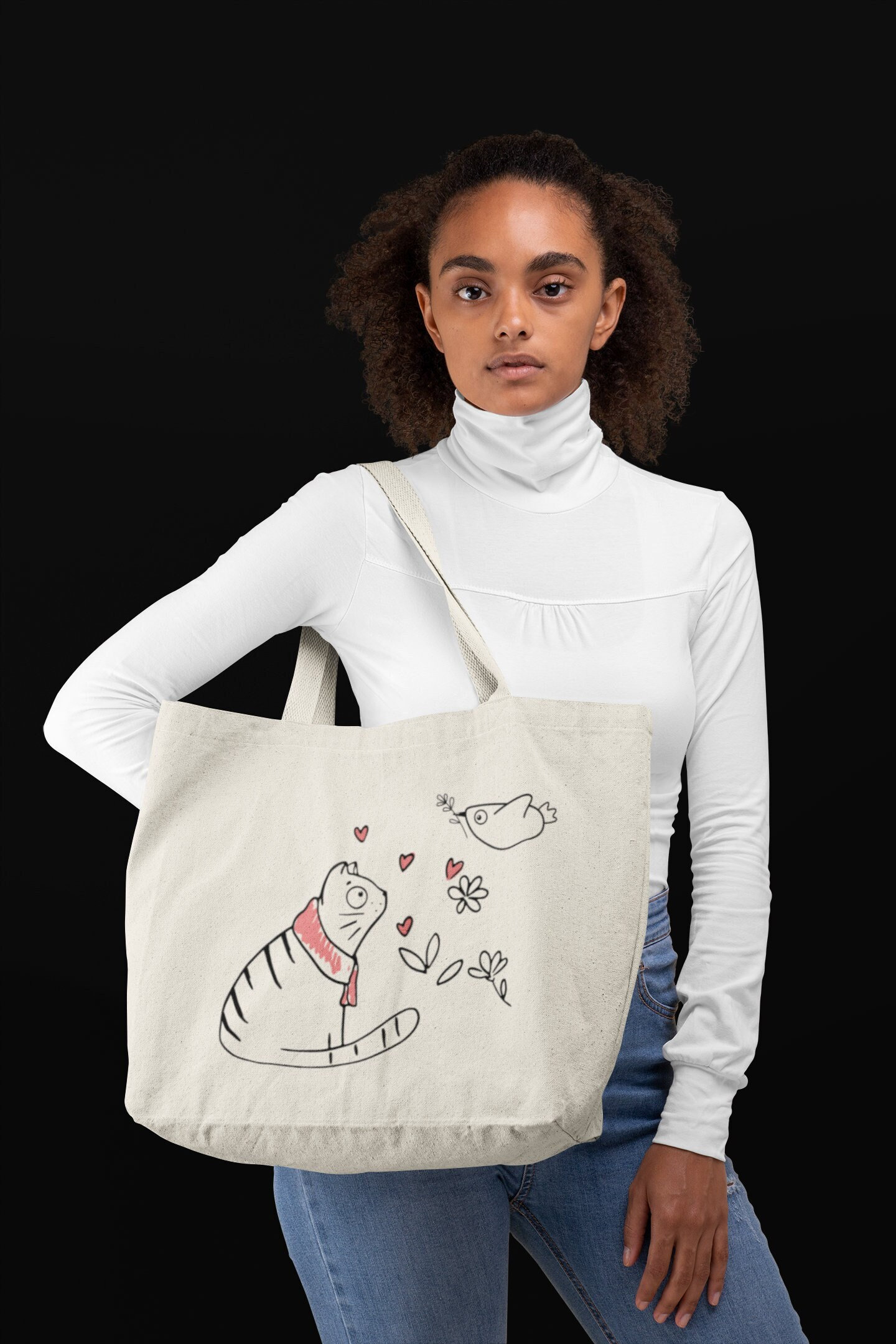 Süße Katzen Handtasche - Niedliche Vogel Zeichnung-Design Shopper Comicprint Jutetasche Baumwolle von TheFreeTribeDE