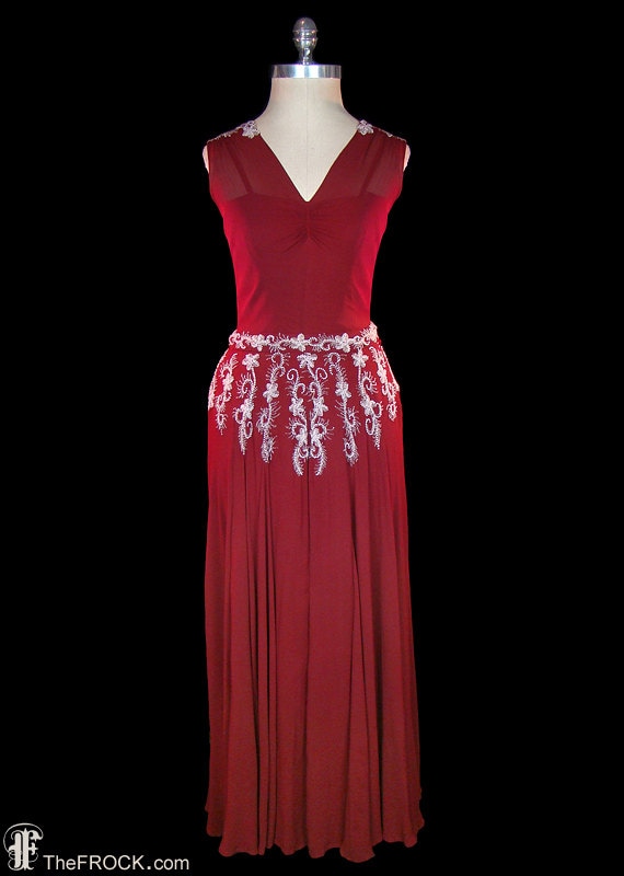 1930Er Jahre Perlen Rotes Seiden-Chiffon-Kleid, Post-Flapper-Ära Couture-Kleid, Ärmelloses, Antikes Abendkleid Im Jean Harlow-stil von TheFrockDotCom