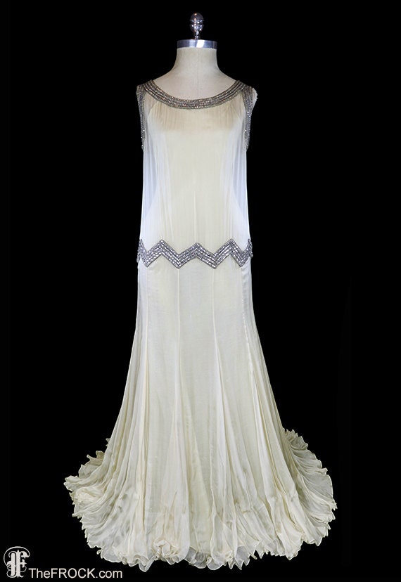 1930Er Kleid, Perlen Seidenchiffon Hochzeits - Oder Abendkleid, Art Deco Strass Besetzt, Ärmellos, Jean Harlow Stil Elfenbein Göttin 1920 von TheFrockDotCom