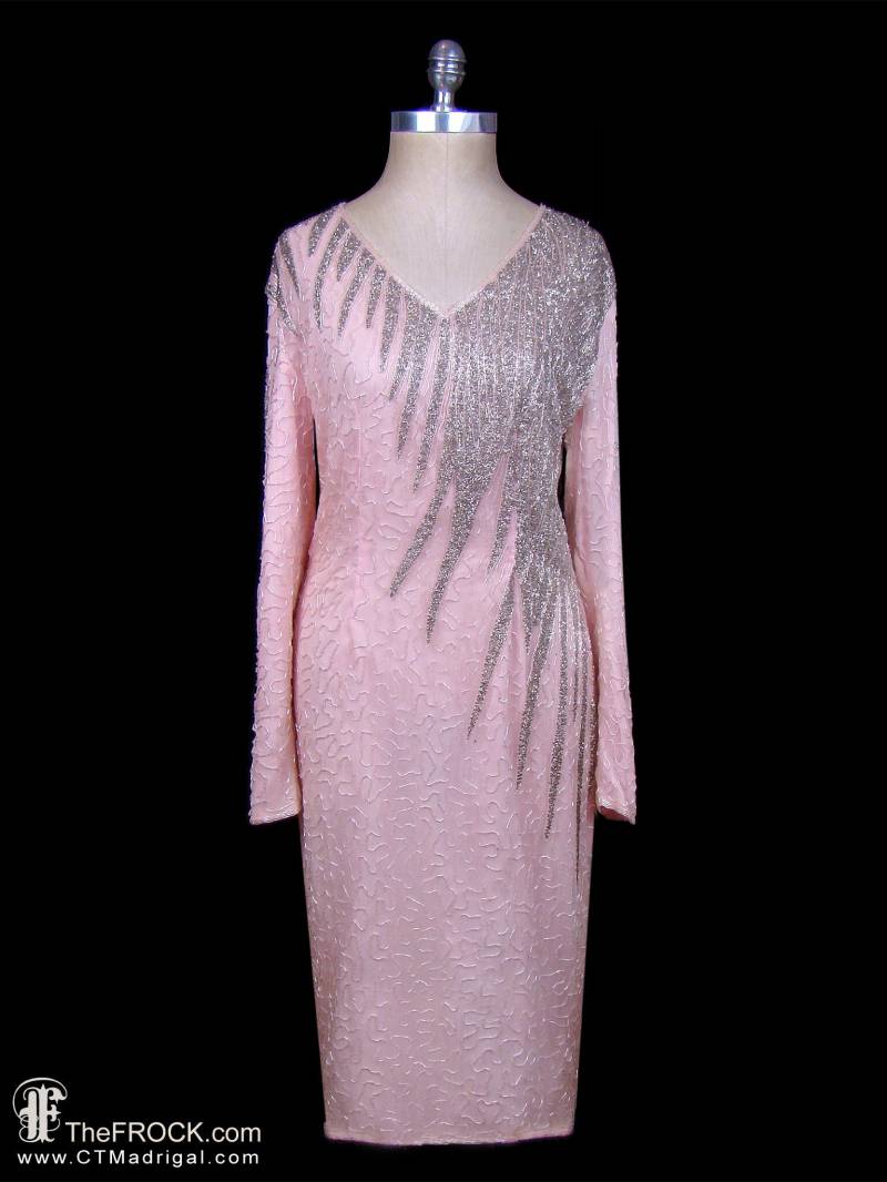 Halston Perlenkleid, Rosa Seidensilber-Cocktailkleid, Mutter Der Braut, Schwer Wulstiges Couturekleid, Lange Ärmel, Offener Rücken von TheFrockDotCom