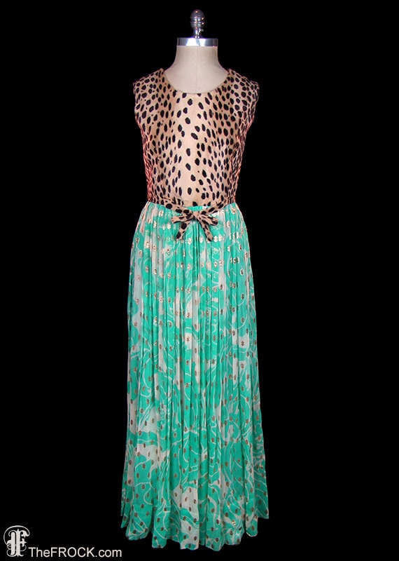 James Galanos Niedrig-Pile Geparden Print & Gold Metallic Gemusterten Seiden-Chiffon-Kleid, Vintage Couture Abendkleid, Roter Teppich Formell von TheFrockDotCom