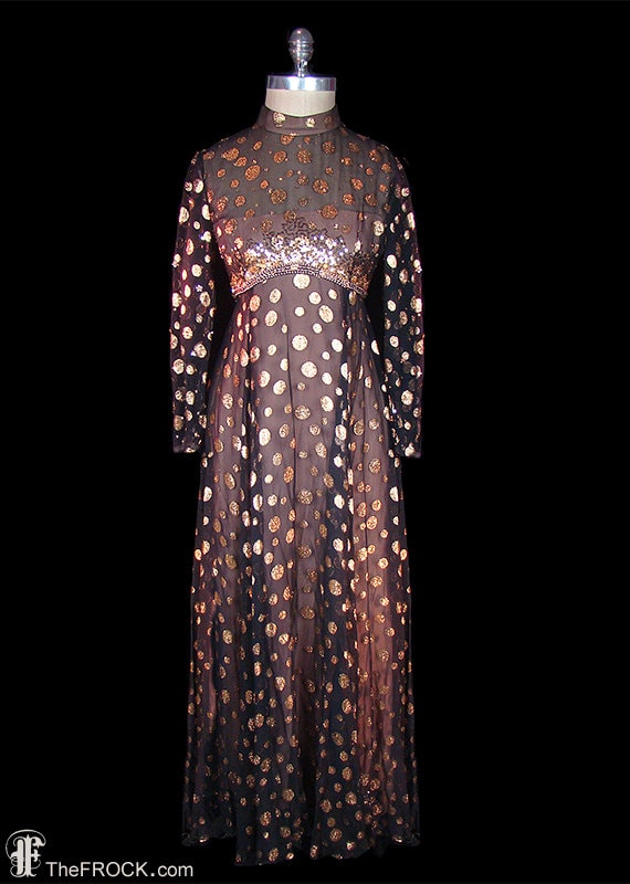 Mollie Parnis Perlen Kleid, Gold Metallic Schwarz Seide Chiffon Lange Ärmel, Couture Abend Roten Teppich Formell von TheFrockDotCom