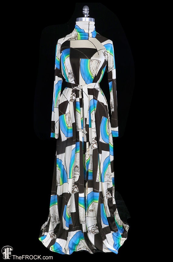 Mr Blackwell Kleid, Jersey Maxi Neckholderkleid 1960Er 1970Er Jahre Abstraktes Print-Muster Tag Abend Lange Ärmel Gürtel Mod Boho Op Art Gesichter von TheFrockDotCom