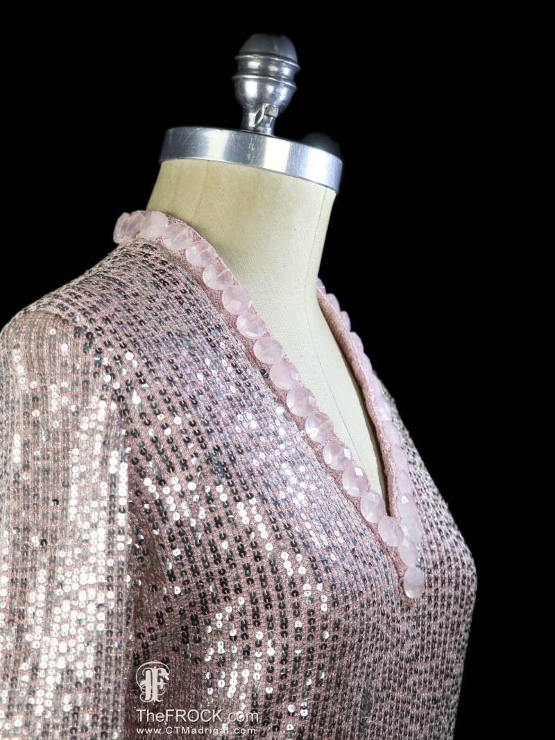 Norman Norell Kleid, Silberrosa Paillettenkleid, Stark Perlenbestickter Couture-Maxi-Strick, Lange Ärmel, Bodenlang, 1960Er 1970Er Abend von TheFrockDotCom